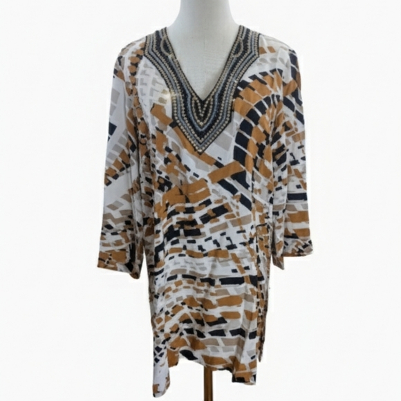 Dennis Basso Women's Size Small Abstract V-Neck Tunic in Black, Brown, and White - Picture 3 of 12